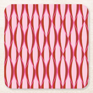Mid-Century Ribbon Print - pink and burgundy Square Paper Coaster
