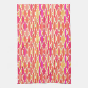 Mid-Century Ribbon Print - pink, coral and gold Tea Towel
