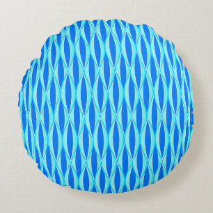 Mid-Century Ribbon Print - shades of blue Round Cushion