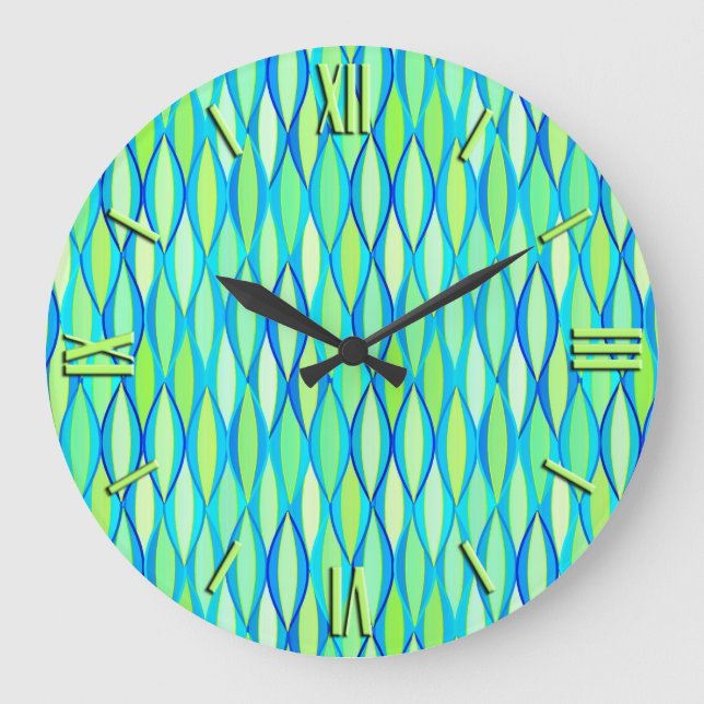 Mid-Century Ribbon Print - turquoise and lime Large Clock (Front)