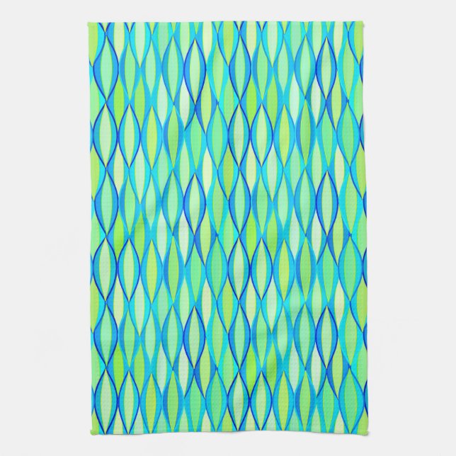 Mid-Century Ribbon Print - turquoise and lime Tea Towel (Vertical)