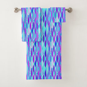 Mid-Century Ribbon Print, Violet, Blue and Aqua Bath Towel Set