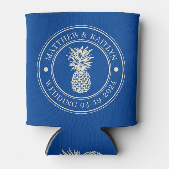 Mid-Century Royal Pineapple Wedding Crest & Name Can Cooler (Front)