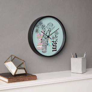 Mid Century Scandi Floral Teal Clock