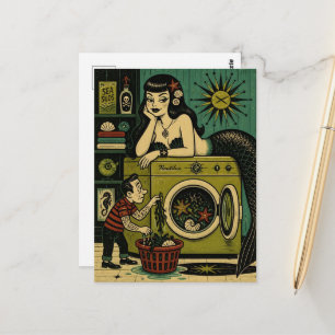 Mid Century Sea Siren Laundry Day Postcard