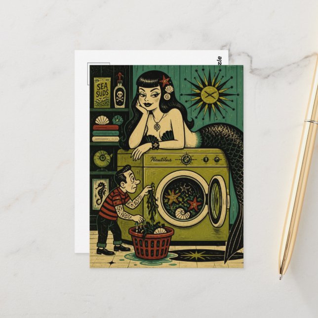 Mid Century Sea Siren Laundry Day Postcard (Front/Back In Situ)