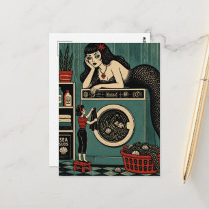 Mid Century Sea Siren on Laundry Day Postcard