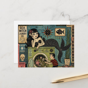 Mid Century Sea Witch on Laundry Day Postcard