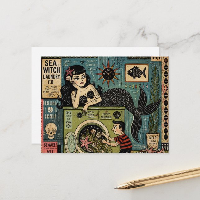 Mid Century Sea Witch on Laundry Day Postcard (Front/Back In Situ)