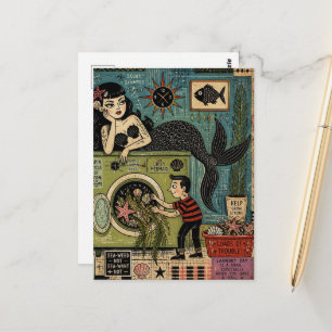 Mid Century Sea Witch on Laundry Day Postcard