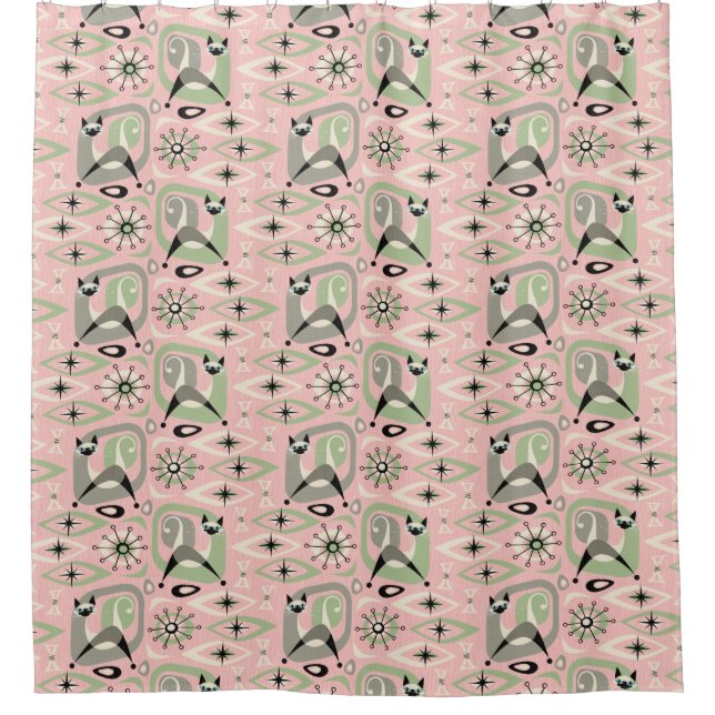 Mid Century Siamese Cat Abstract Shower Curtain (Front)