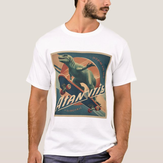Mid-Century Skater Dinosaur – Retro Poster T-Shirt (Front)