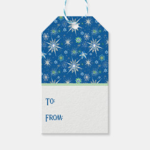 Mid-Century Snowflakes Galore On Blue Gift Tags