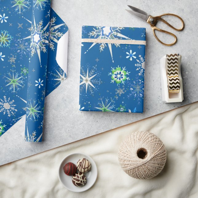 Mid-Century Snowflakes Galore On Blue Wrapping Paper (Crafts)