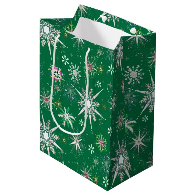 Mid-Century Snowflakes Galore On Green Medium Gift Bag (Front Angled)