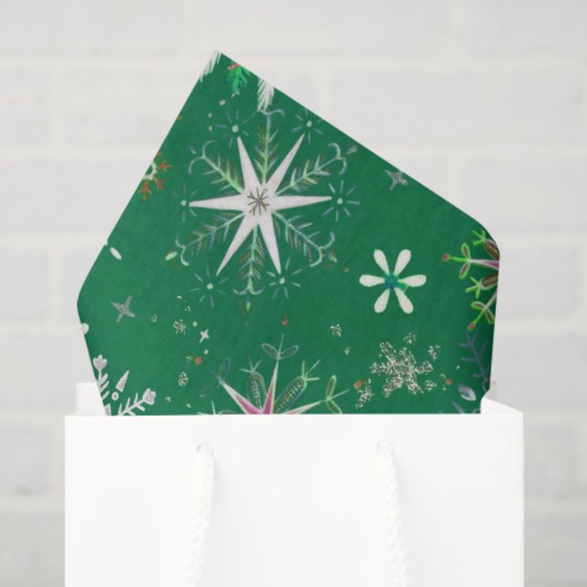 Mid-Century Snowflakes Galore On Green Tissue Paper (Gift Bag)
