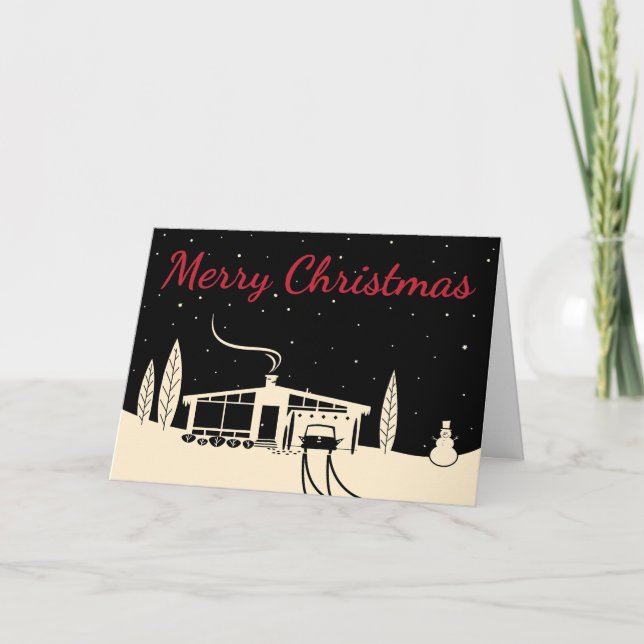 Mid-Century Snowscape Christmas Card: Black Holiday Card (Front)
