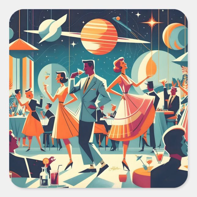Mid Century Space Age Cocktail Party Square Sticker (Front)
