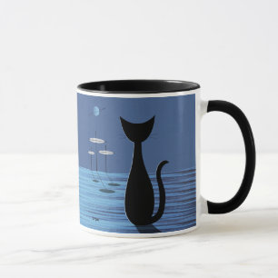 Mid Century Space Cat in Blue Mug