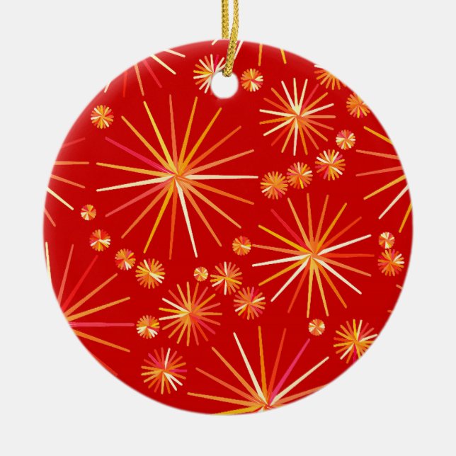 Mid Century Sputnik pattern, Deep Red Ceramic Tree Decoration (Front)