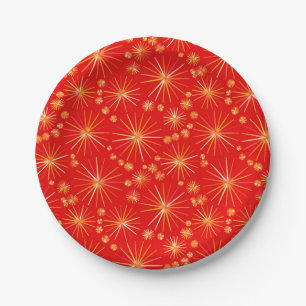 Mid Century Sputnik pattern, Deep Red Paper Plate