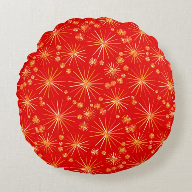 Mid Century Sputnik pattern, Deep Red Round Cushion (Front)