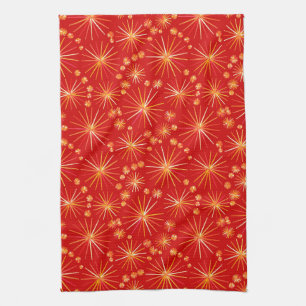 Mid Century Sputnik pattern, Deep Red Tea Towel
