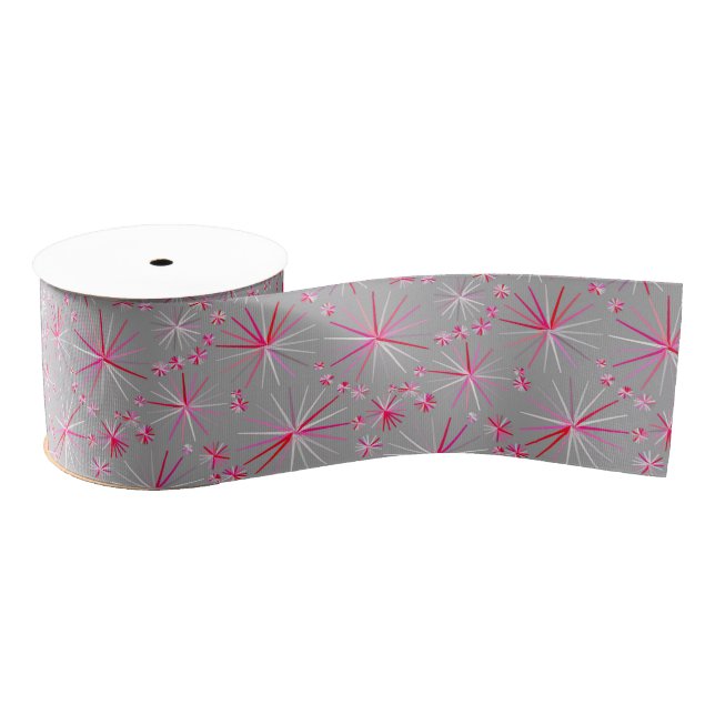 Mid Century Sputnik pattern, Grey and Fuchsia Grosgrain Ribbon (Spool)