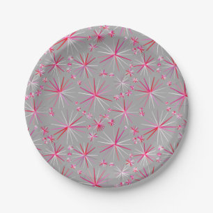 Mid Century Sputnik pattern, Grey and Fuchsia Paper Plate