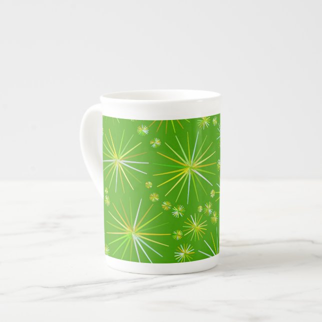 Mid Century Sputnik pattern, Olive Green Bone China Mug (Front Left)