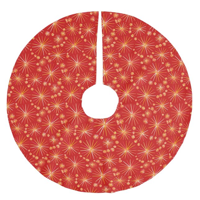 Mid Century Sputnik Pattern, Red and Golden Yellow Brushed Polyester Tree Skirt (Front)