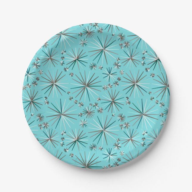 Mid Century Sputnik pattern, Robin's Egg Blue Paper Plate (Front)
