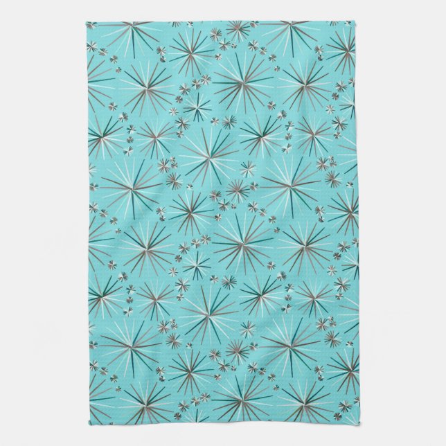 Mid Century Sputnik pattern, Robin's Egg Blue Tea Towel (Vertical)