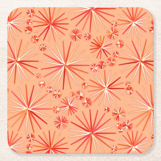 Mid Century Sputnik pattern, Shades of Coral Square Paper Coaster (Front)