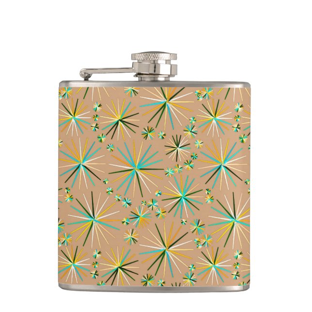 Mid Century Sputnik pattern, Taupe Tan Hip Flask (Front)