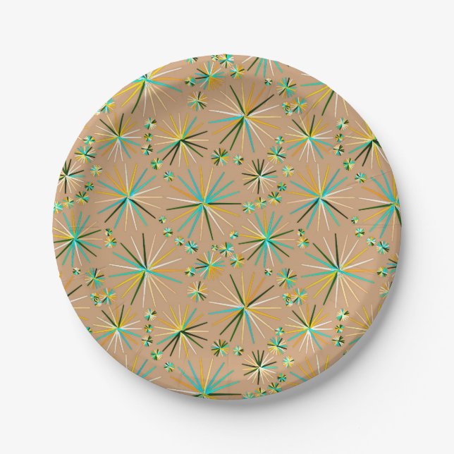 Mid Century Sputnik pattern, Taupe Tan Paper Plate (Front)