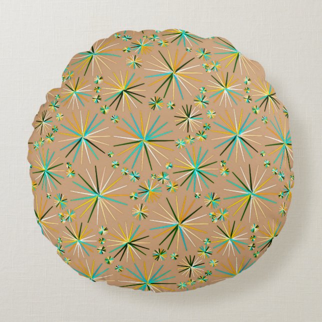 Mid Century Sputnik pattern, Taupe Tan Round Cushion (Front)