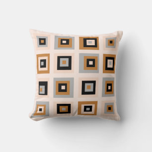 Mid Century Squares Pattern Black And Terracotta Cushion