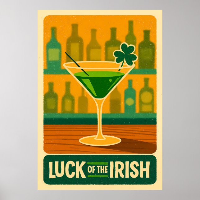 Mid Century St. Patrick's Shamrock Martini Art Poster (Front)