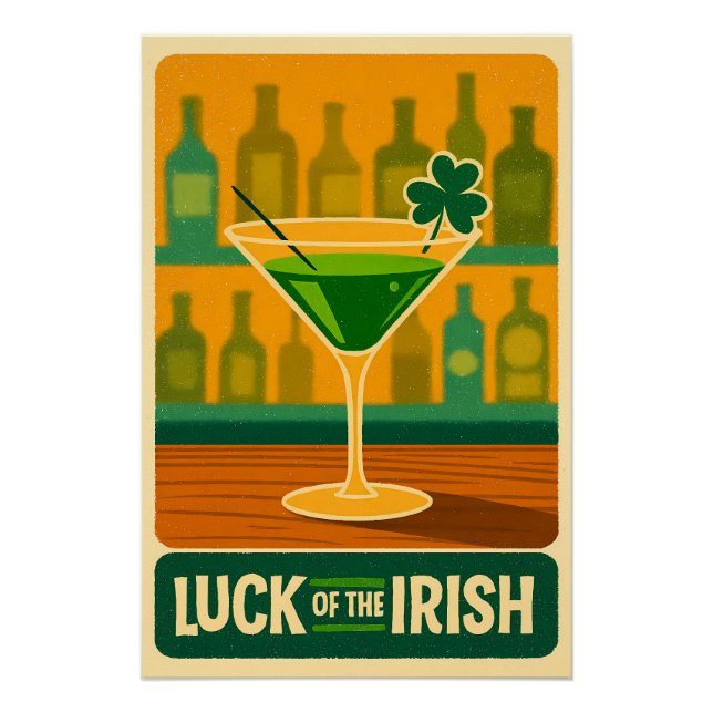Mid Century St. Patrick's Shamrock Martini Art Poster (Front)