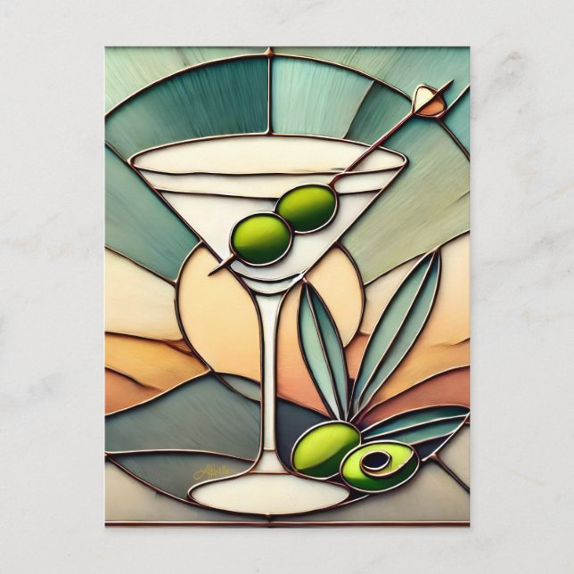Mid Century Stained Glass 2 Olive Martini Postcard (Front)