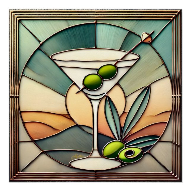 Mid Century Stained Glass 2 Olive Martini Poster (Front)