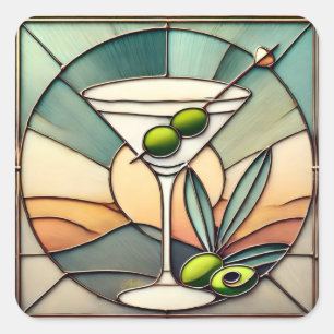 Mid Century Stained Glass 2 Olive Martini Square Sticker