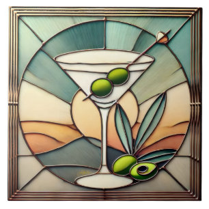 Mid Century Stained Glass 2 Olive Martini Tile
