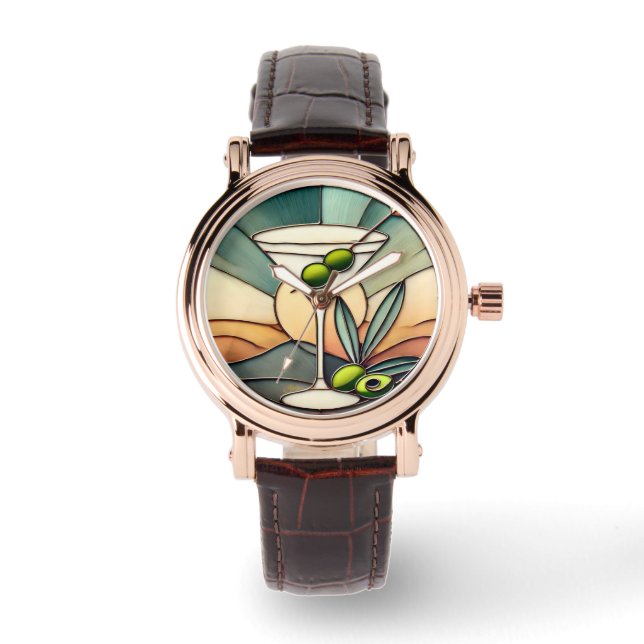 Mid Century Stained Glass 2 Olive Martini Watch (Front)