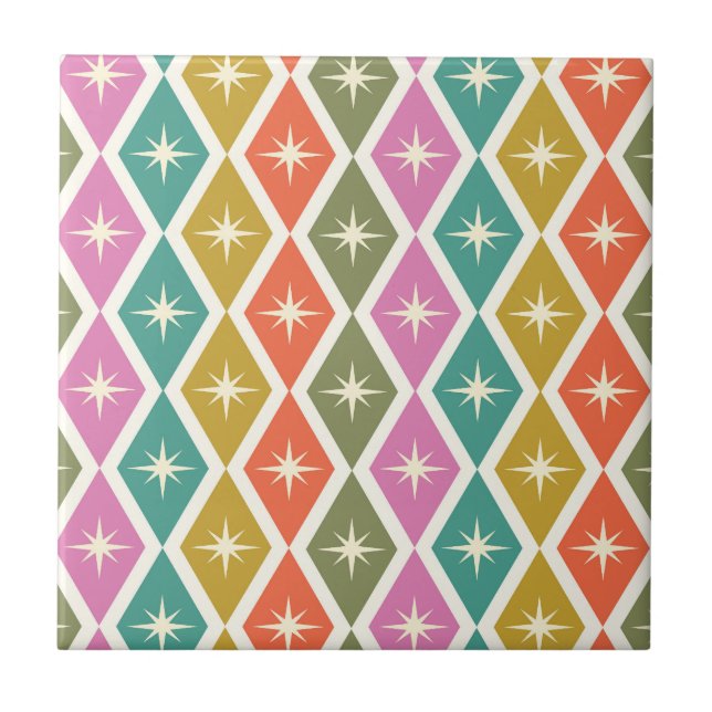 Mid Century Starbrusts on Colourful Retro Diamonds Tile (Front)
