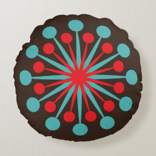 Mid Century Starburst Red and Turquoise Round Cushion
