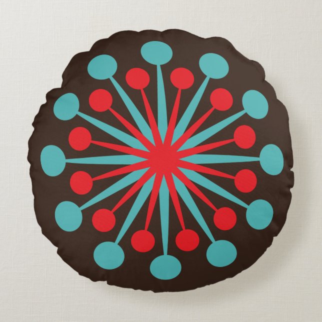 Mid Century Starburst Red and Turquoise Round Cushion (Front)