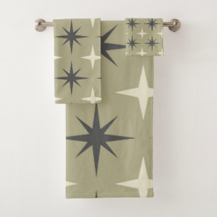 Mid Century Starbursts in beige and taupe on sage Bath Towel Set