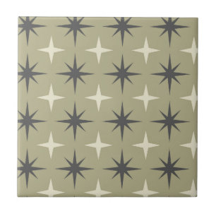 Mid Century Starbursts in beige and taupe on sage  Tile